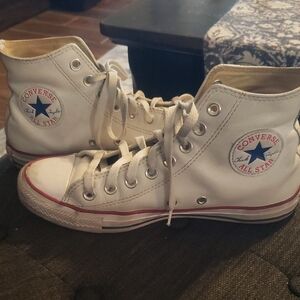 Converse Leather White High Top Sneakers with Red & Blue Accents